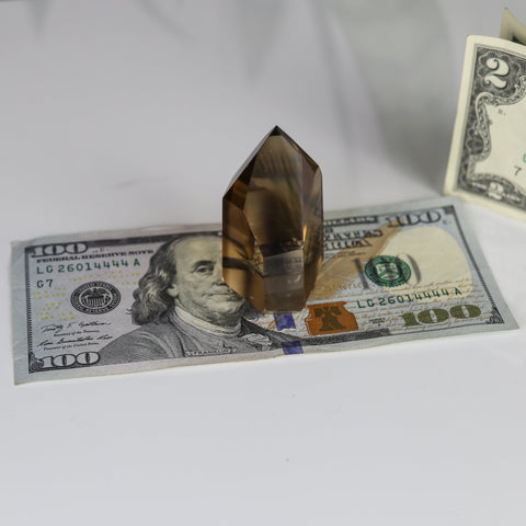 crystals healing Dark Gold Clean Citrine Tower with "4444" Serial Number $100 Bill Crystalz.com